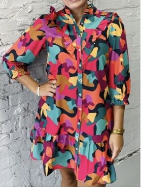 Michelle McDowell Vibrant Multicolor Floral Print Ruffle Button-Front Dress Sz S